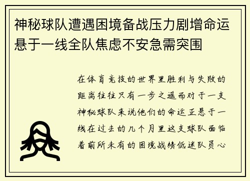 神秘球队遭遇困境备战压力剧增命运悬于一线全队焦虑不安急需突围