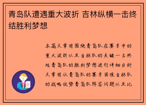 青岛队遭遇重大波折 吉林纵横一击终结胜利梦想