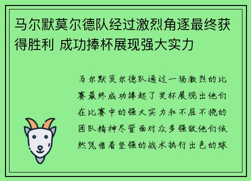 马尔默莫尔德队经过激烈角逐最终获得胜利 成功捧杯展现强大实力