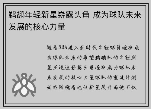 鹈鹕年轻新星崭露头角 成为球队未来发展的核心力量