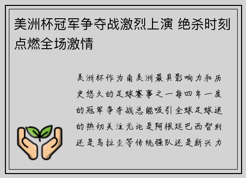 美洲杯冠军争夺战激烈上演 绝杀时刻点燃全场激情