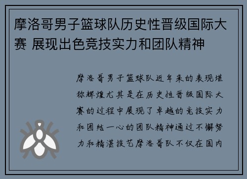 摩洛哥男子篮球队历史性晋级国际大赛 展现出色竞技实力和团队精神
