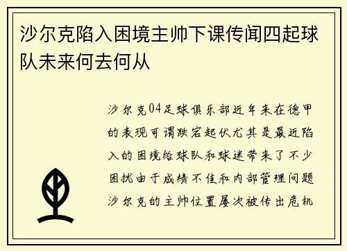 沙尔克陷入困境主帅下课传闻四起球队未来何去何从