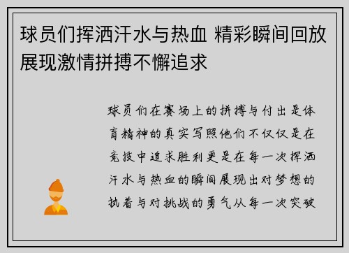球员们挥洒汗水与热血 精彩瞬间回放展现激情拼搏不懈追求
