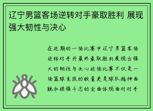 辽宁男篮客场逆转对手豪取胜利 展现强大韧性与决心